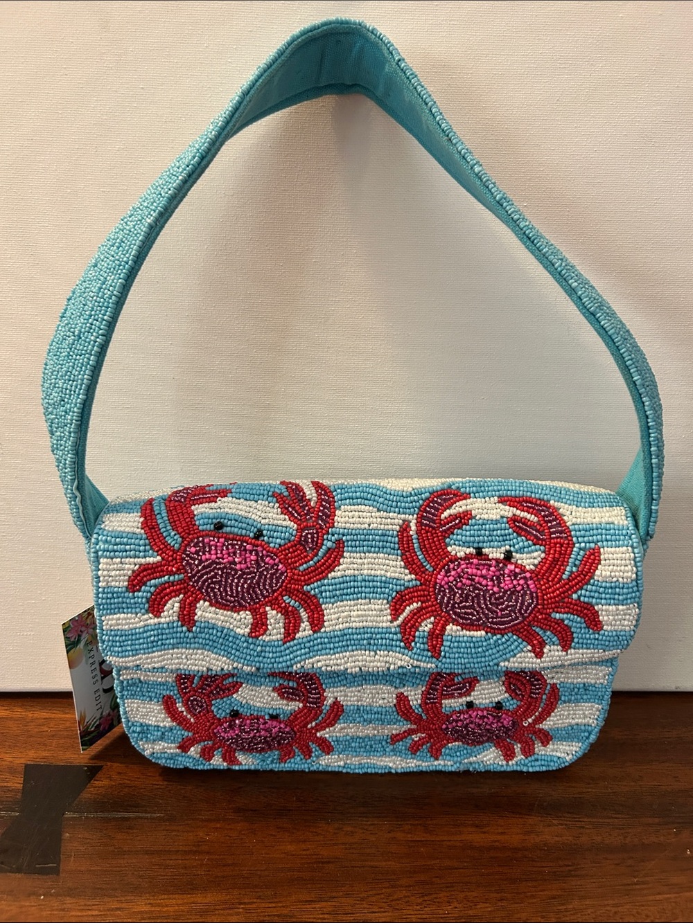 Beaded Crab Motif Shoulder Bag in Aqua